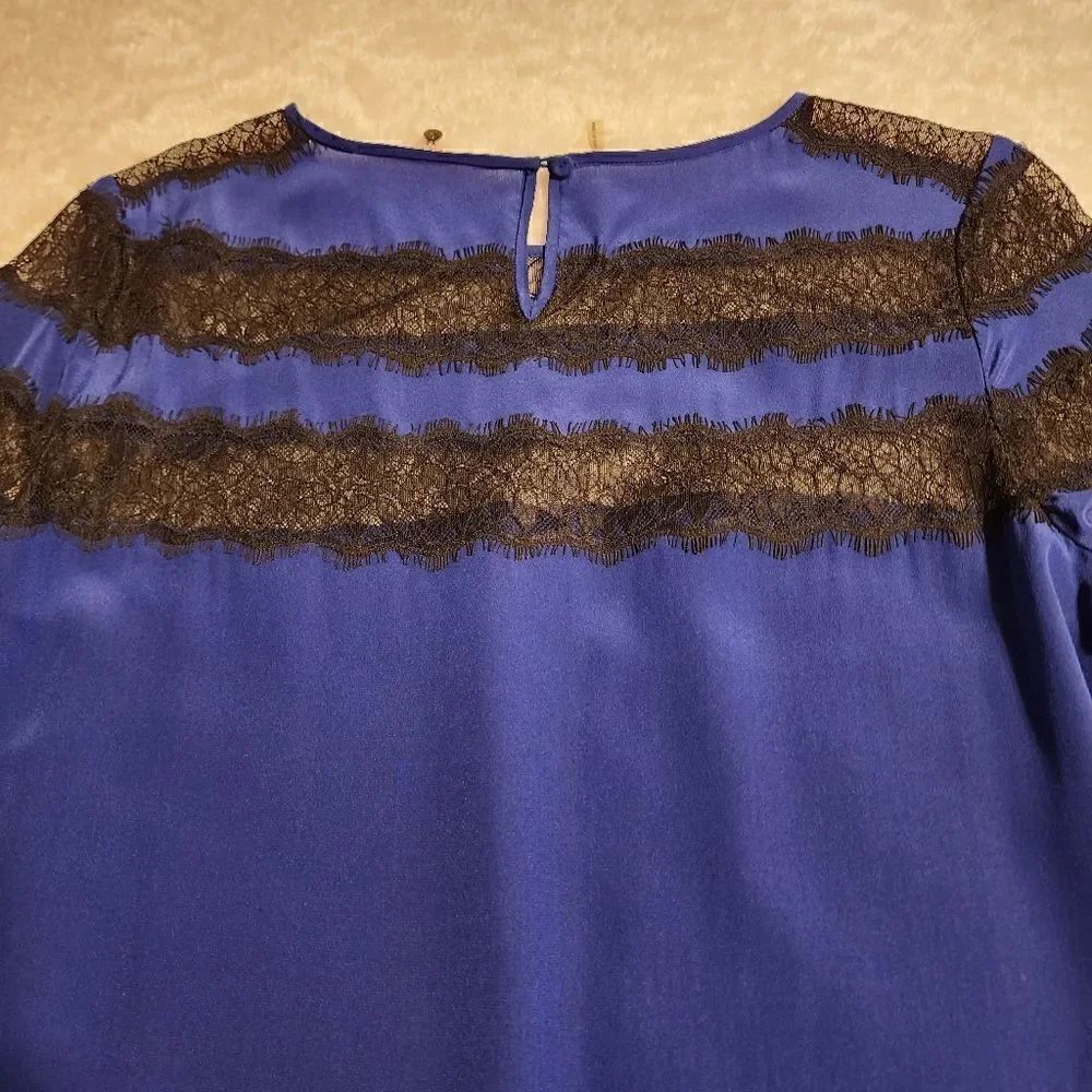 Rebecca Taylor Women Silk Royal Blue with Black Lace Trumpet Sleeve Dress Size 8 - Picture 6 of 12